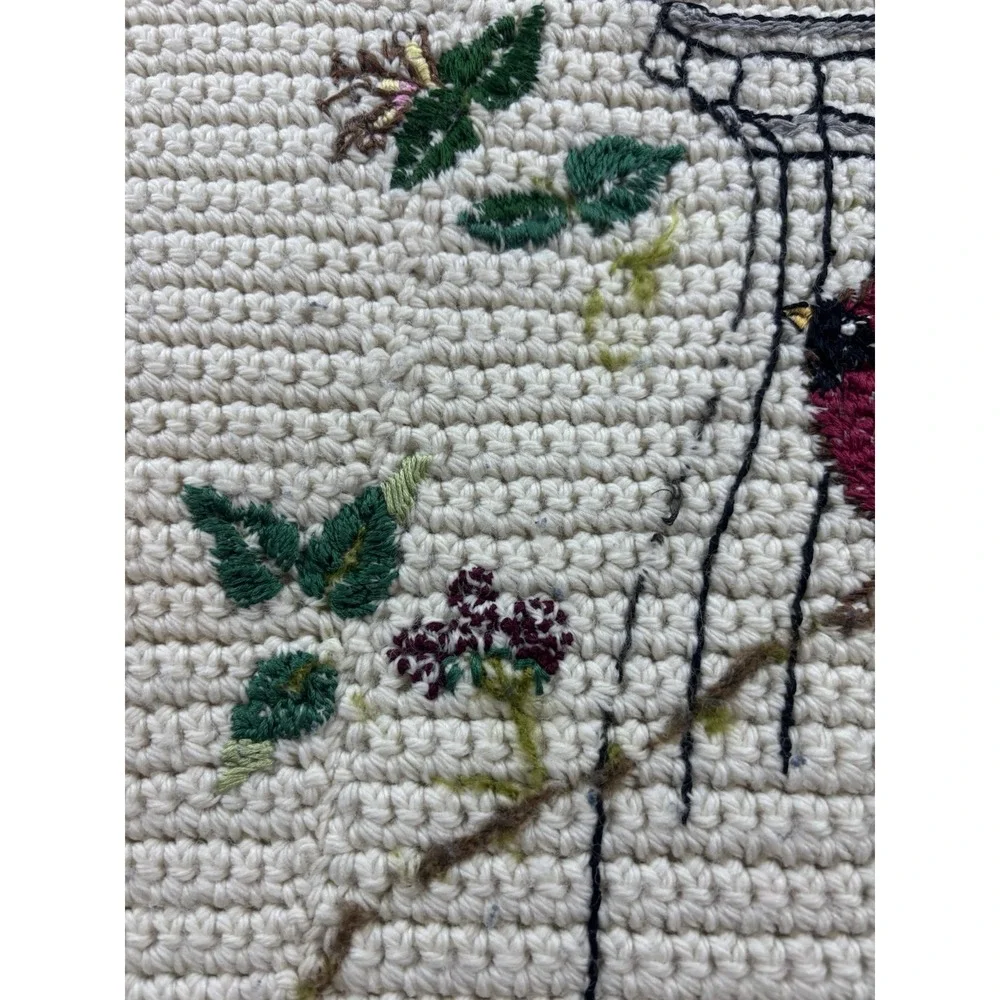 Handmade Colorful Birds Cream Crochet Knit Afghan Throw‎ Blanket w/ Fringe 37x57